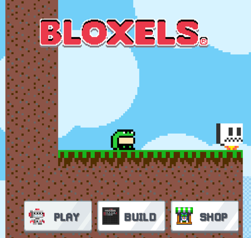 Screenshot aus dem Spiel Bloxels. Eine verpixelte Spielfigur in grün steht auf einem braunen Untergrund. Der Himmel im Hintergrund ist blau. 